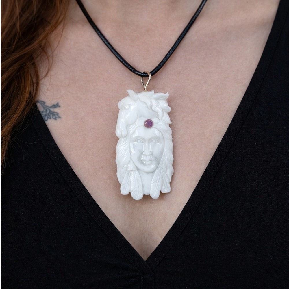 Vintage Carved Buffalo Bone Horse & Figural Pendant Necklace